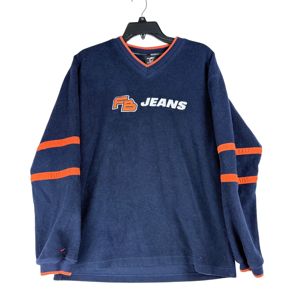 Vintage FUBU Fleece V-Neck Sweatshirt Boys L 16-18 Navy Retro Streetwear Hip Hop